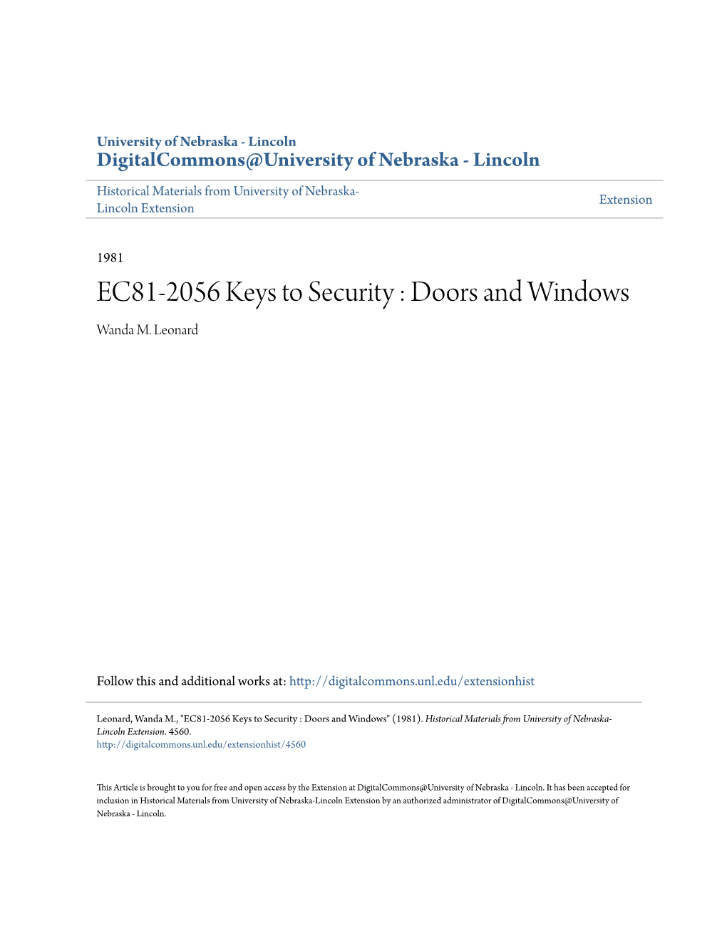 EC81-2056 Keys to Security: Doors and Windows