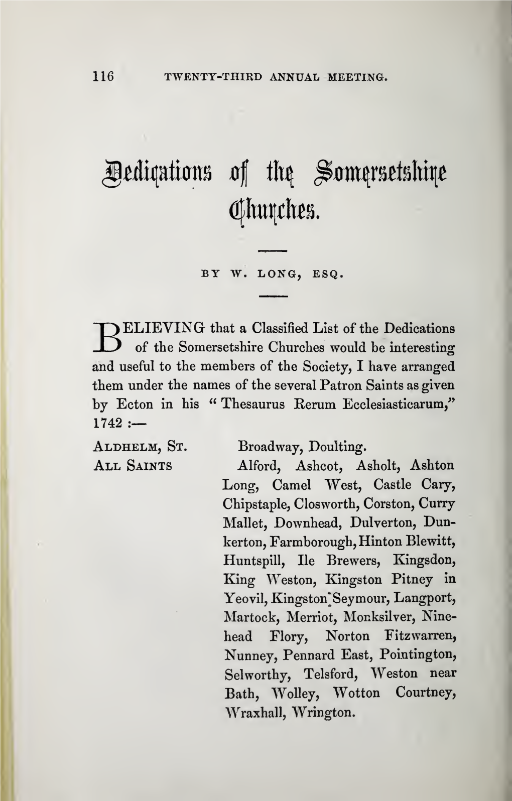 Long, W, Dedications of the Somersetshire Churches, Vol 17