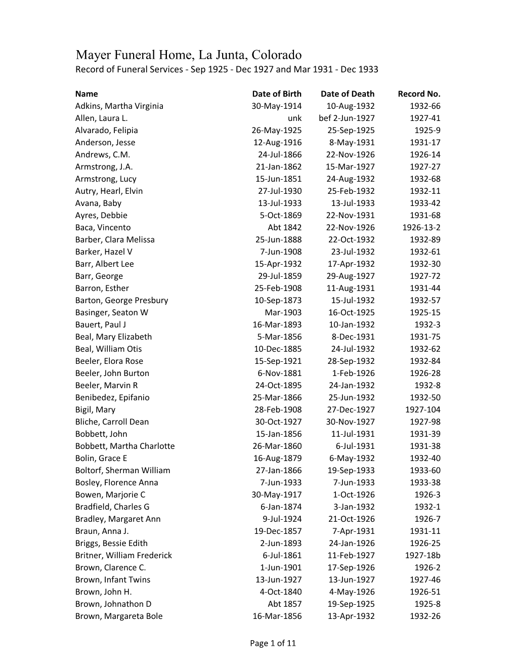Mayer Funeral Home, La Junta, Colorado Record of Funeral Services - Sep 1925 - Dec 1927 and Mar 1931 - Dec 1933