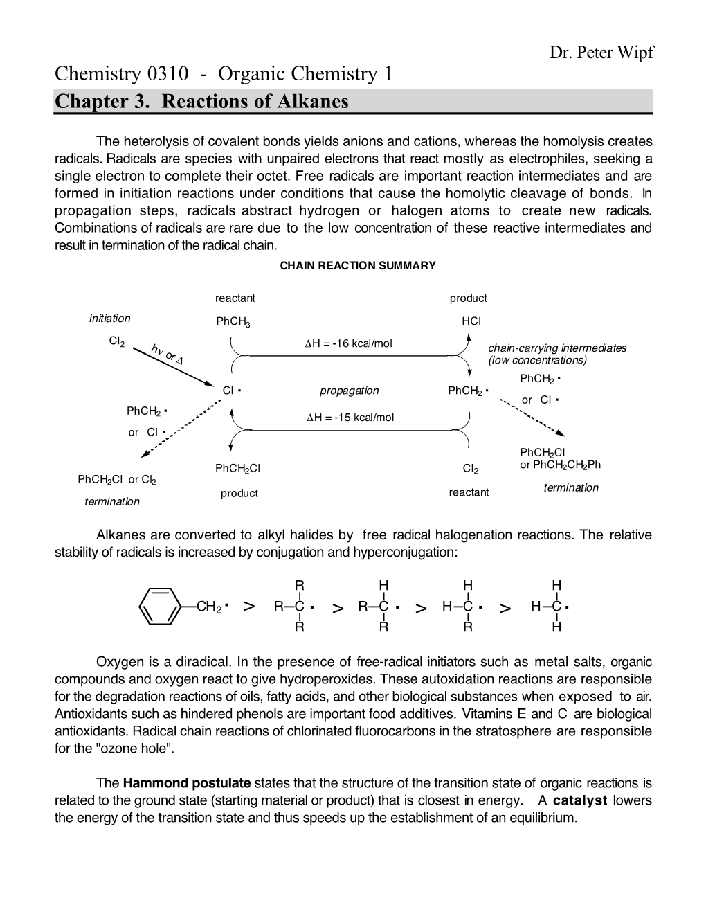 Chemistry 0310 - Organic Chemistry 1 Chapter 3