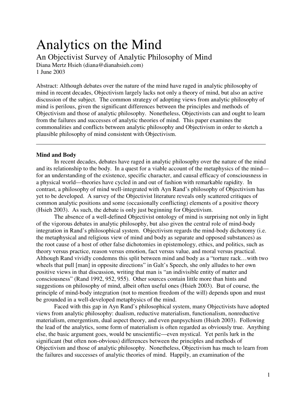 Analytics on the Mind an Objectivist Survey of Analytic Philosophy of Mind Diana Mertz Hsieh (Diana@Dianahsieh.Com) 1 June 2003