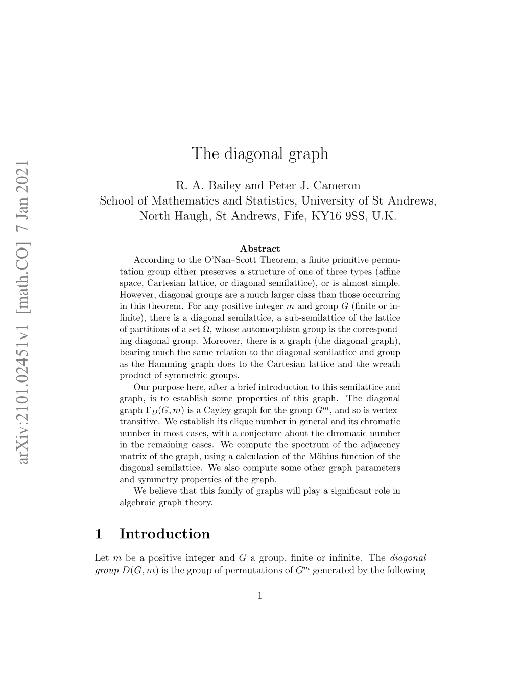 Arxiv:2101.02451V1 [Math.CO] 7 Jan 2021 the Diagonal Graph