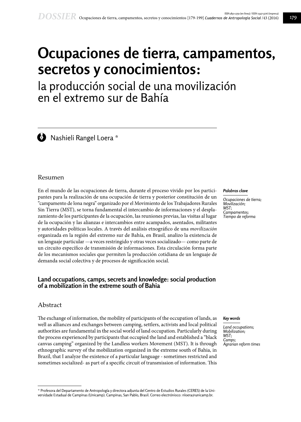 Ocupaciones De Tierra, Campamentos, Secretos Y Conocimientos: La Producción Social De Una Movilización En El Extremo Sur De Bahía