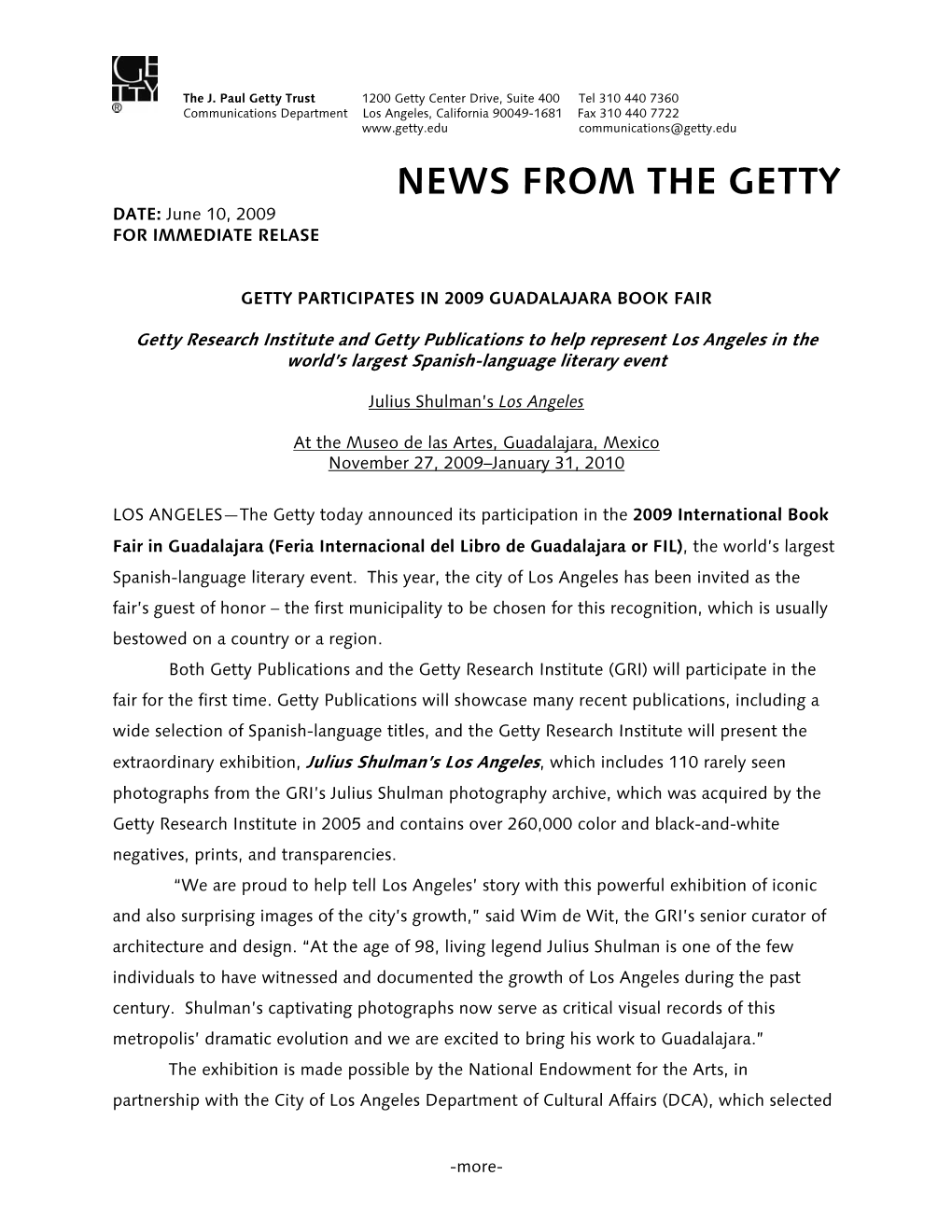 NEWS from the GETTY DATE: June 10, 2009 for IMMEDIATE RELASE