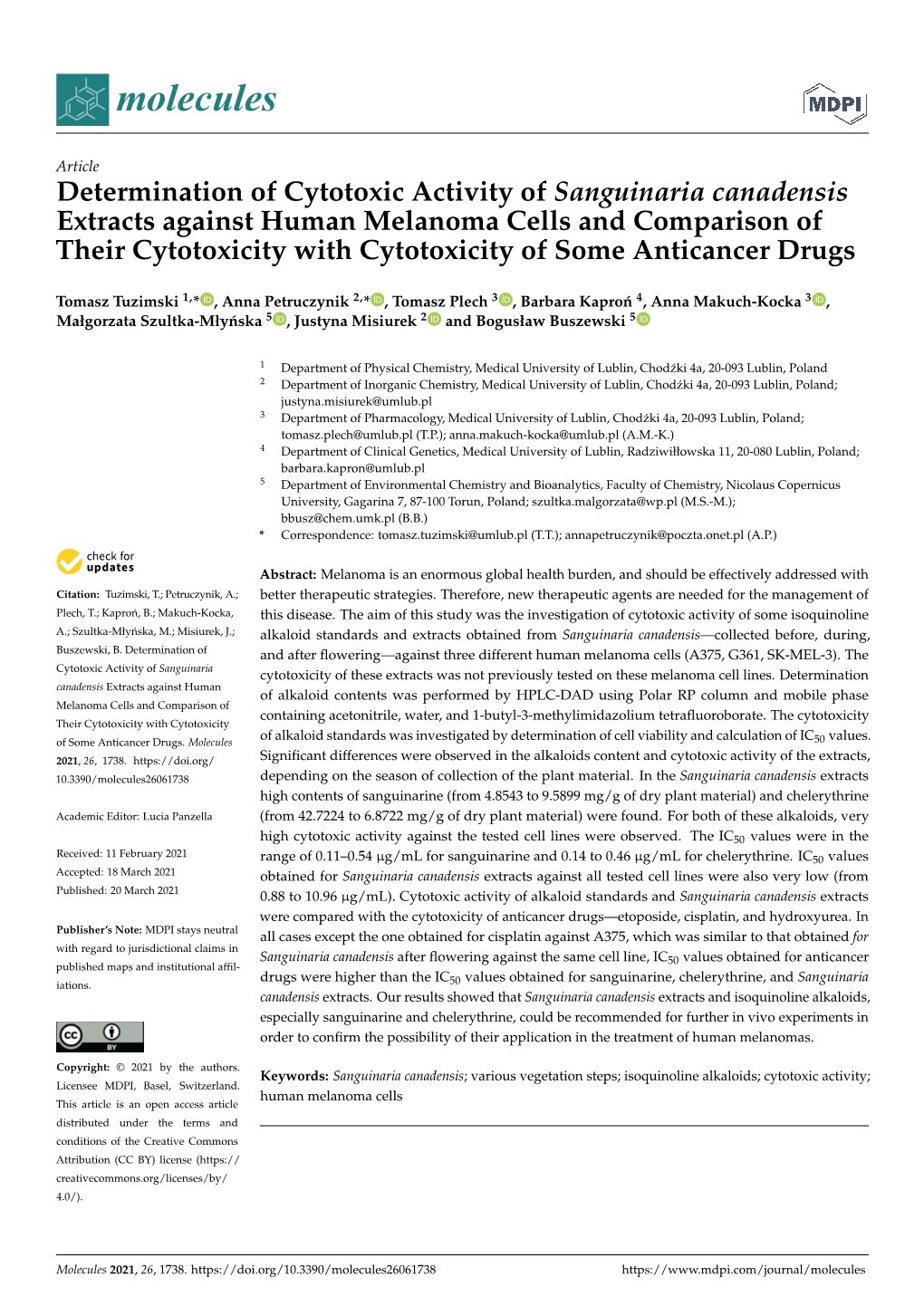 Determination of Cytotoxic Activity of Sanguinaria Canadensis Extracts