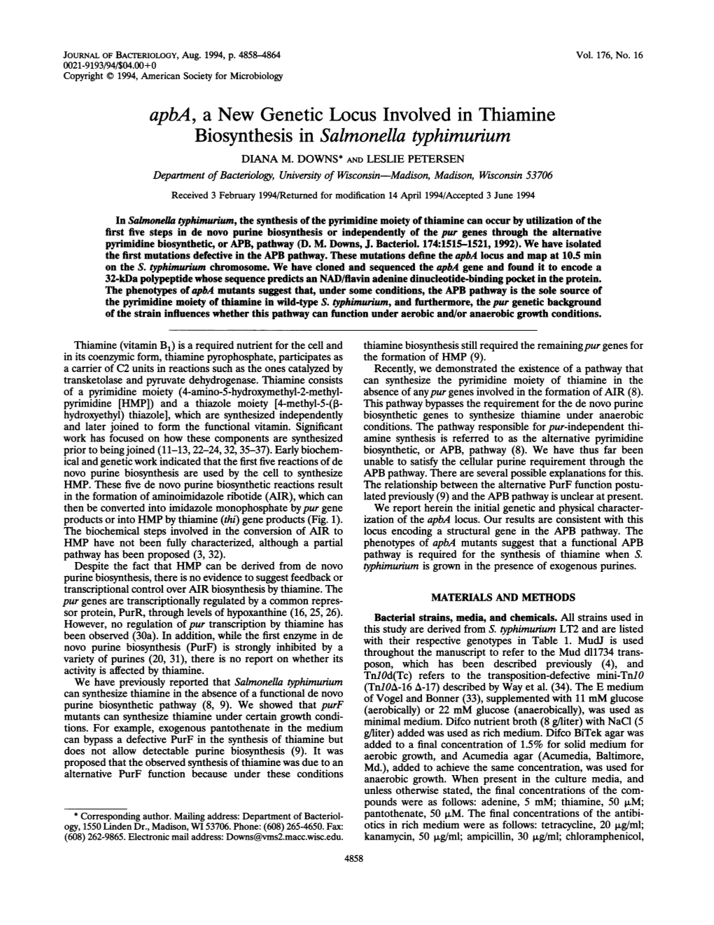 Apba, a New Genetic Locus Involved in Thiamine Biosynthesis in Salmonella Typhimurium DIANA M