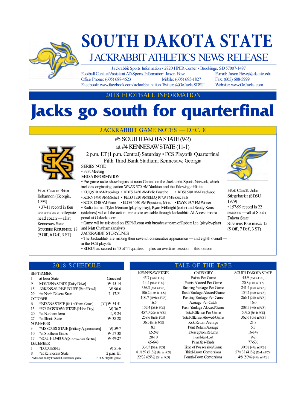 South Dakota State Football Notes, 12-4-18