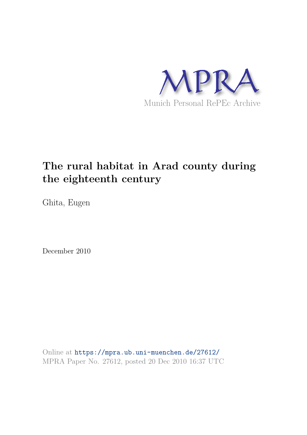 The Rural Habitat in Arad County During the Eighteenth Century