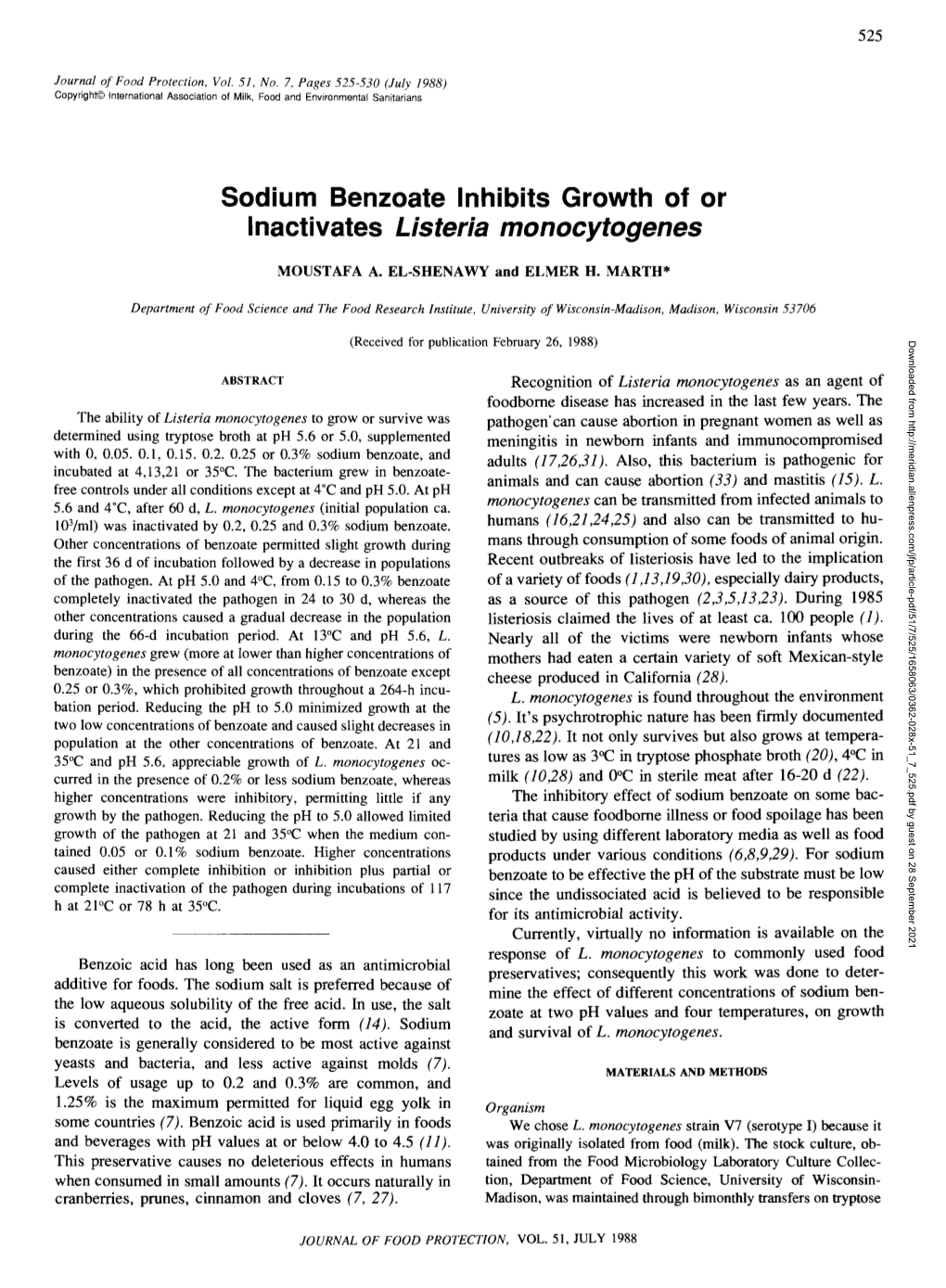 Sodium Benzoate Inhibits Growth of Or Inactivates Listeria Monocytogenes