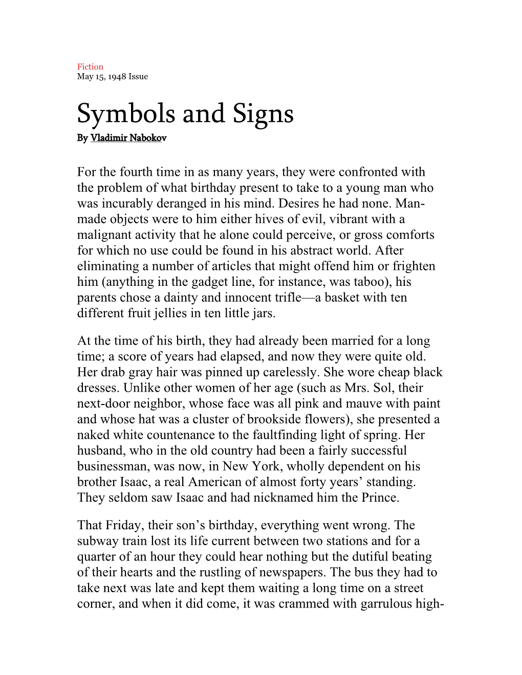 Symbols and Signs by Vladimir Nabokov May 8, 1948