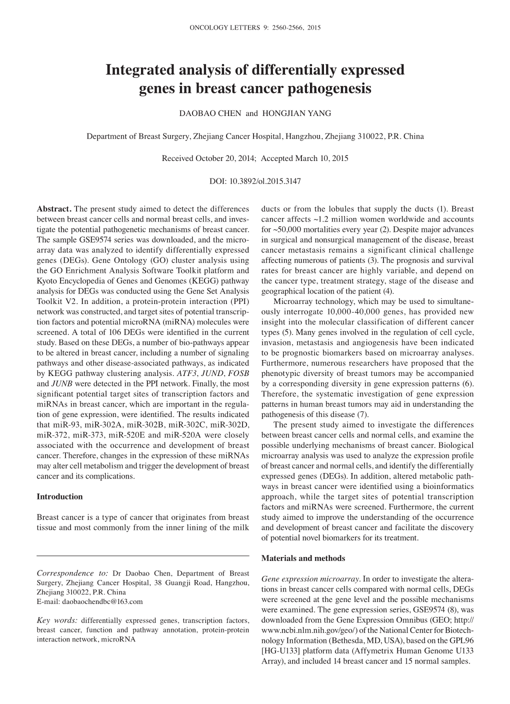 Integrated Analysis of Differentially Expressed Genes in Breast Cancer Pathogenesis