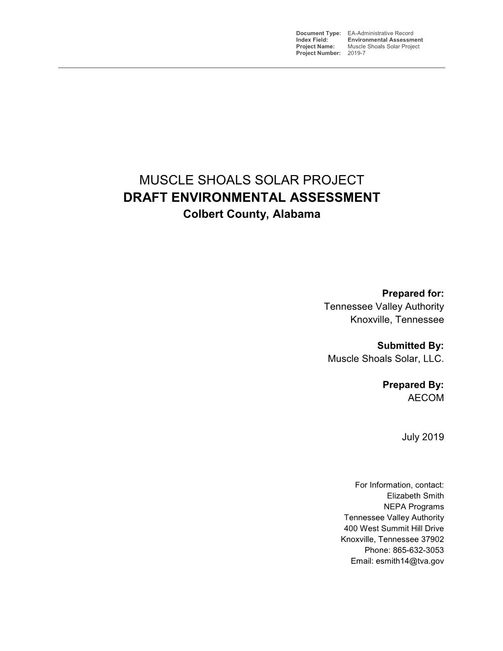 MUSCLE SHOALS SOLAR PROJECT DRAFT ENVIRONMENTAL ASSESSMENT Colbert County, Alabama