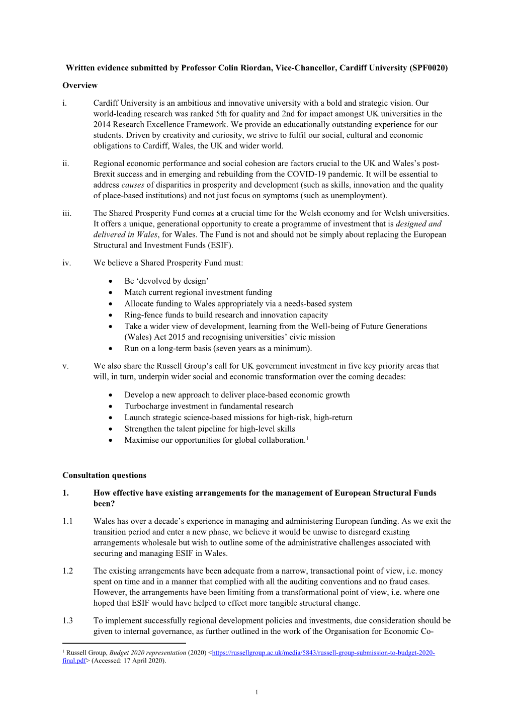 Written Evidence Submitted by Professor Colin Riordan, Vice-Chancellor, Cardiff University (SPF0020)