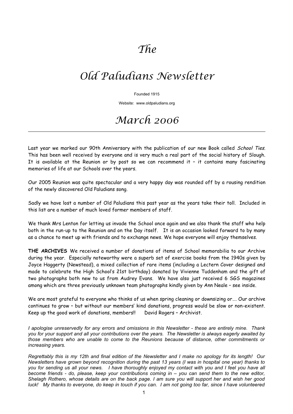 The Old Paludians Newsletter March 2006