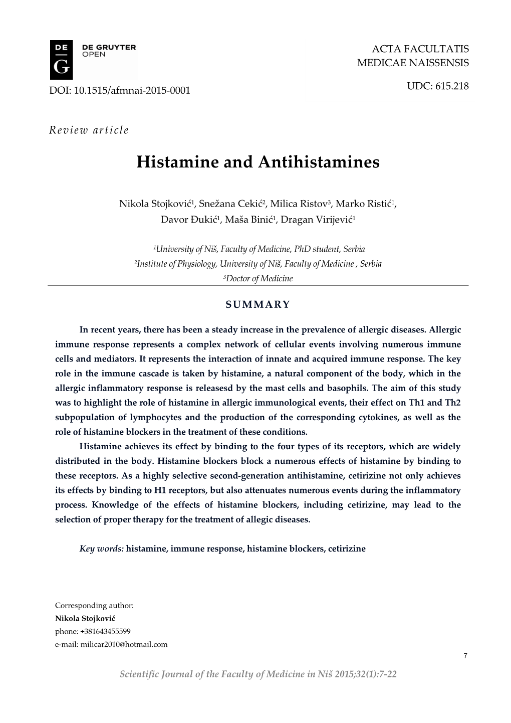 Histamine and Antihistamines