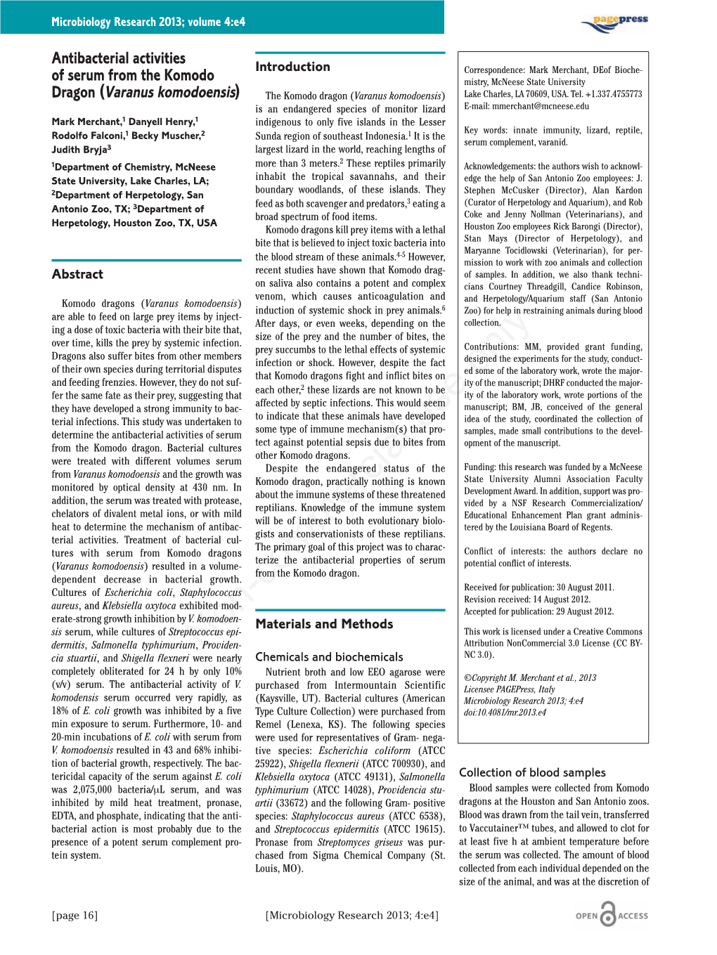 Antibacterial Activities of Serum from the Komodo Dragon (Varanus