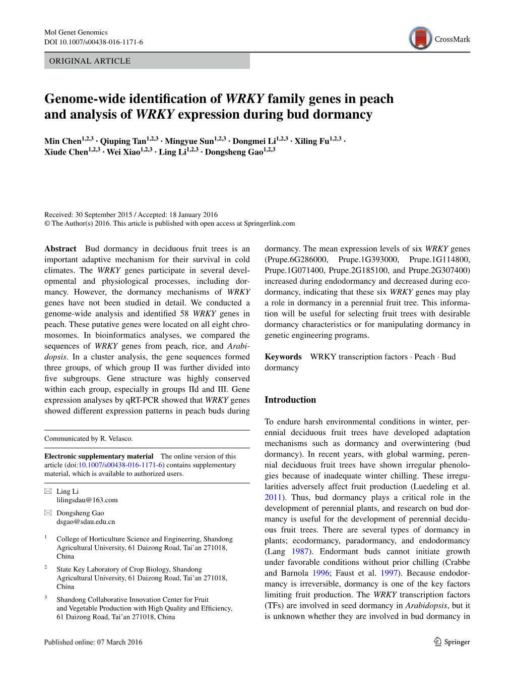 Genome-Wide Identification of WRKY Family Genes in Peach and Analysis