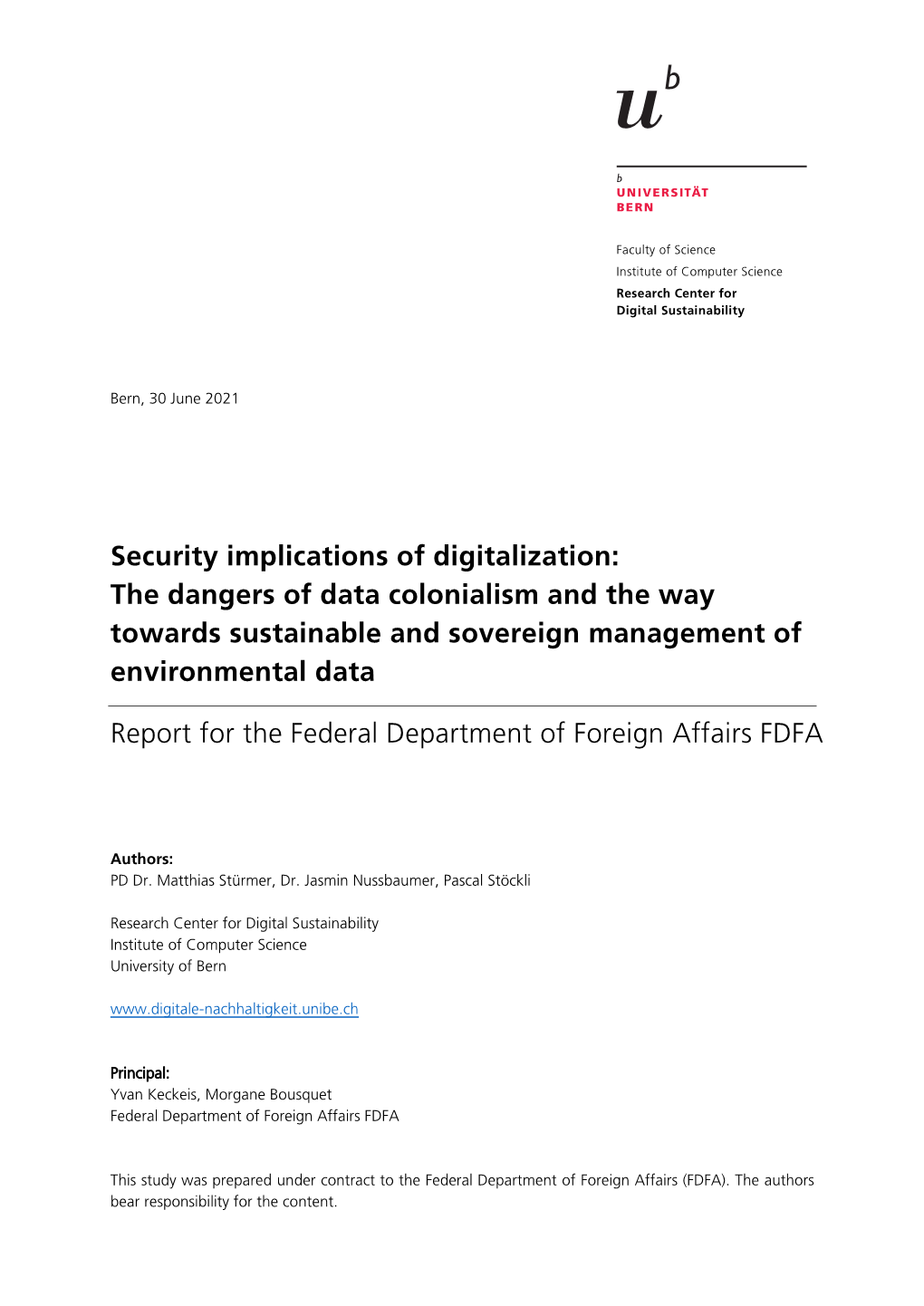 Security Implications of Digitalization: the Dangers of Data Colonialism and the Way Towards Sustainable and Sovereign Management of Environmental Data