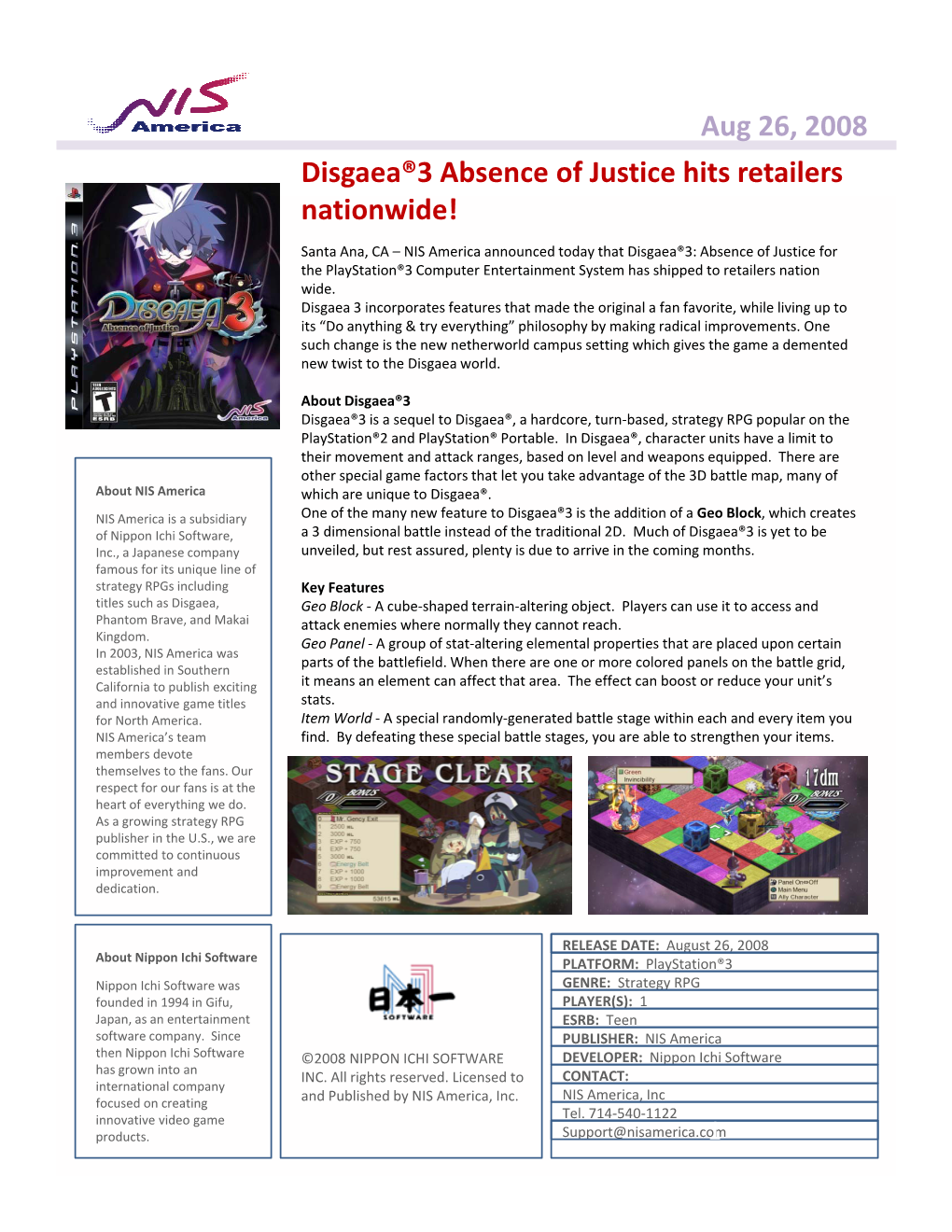 Disgaea®3 Absence of Justice Hits Retailers Aug 26, 2008 Nationwide!