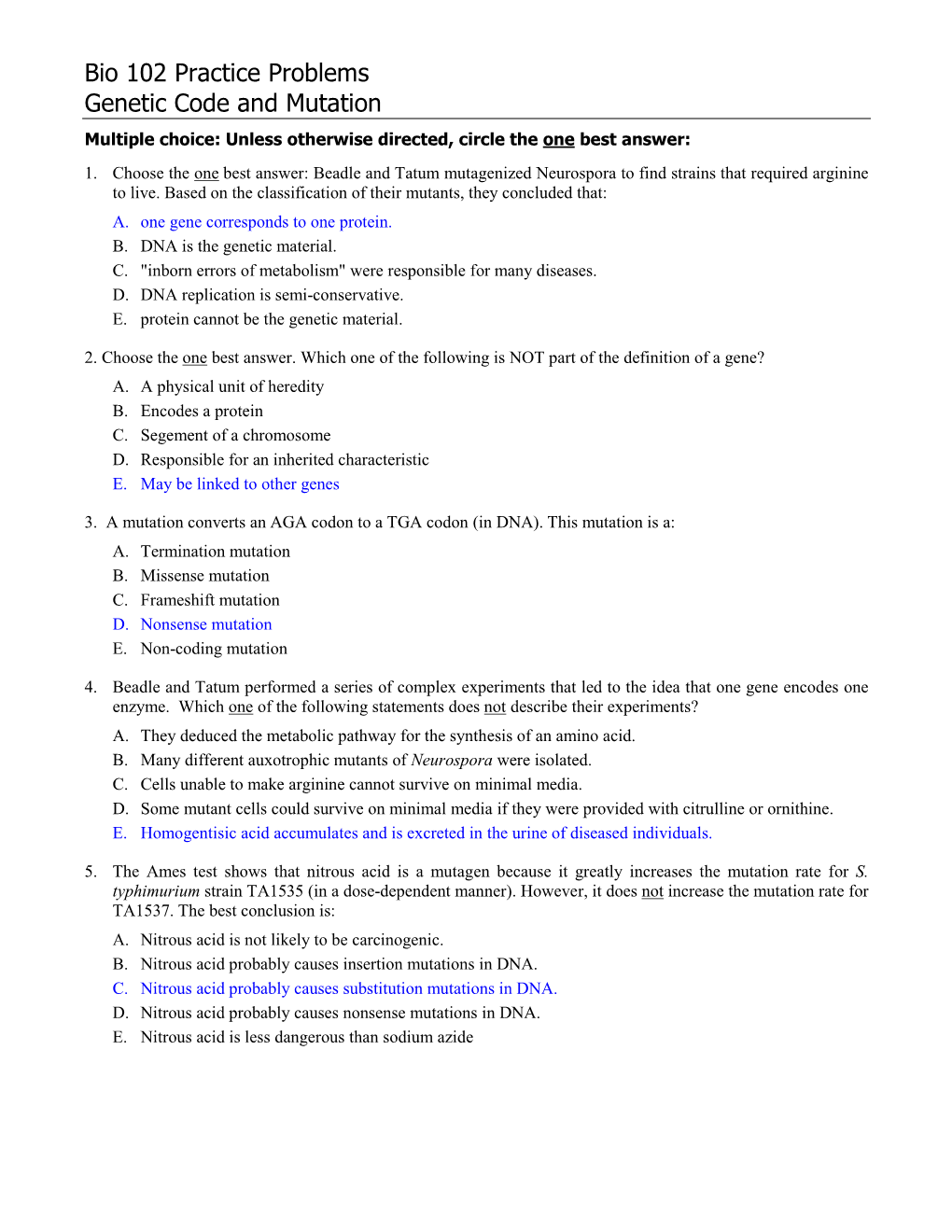 Bio 102 Practice Problems Genetic Code and Mutation