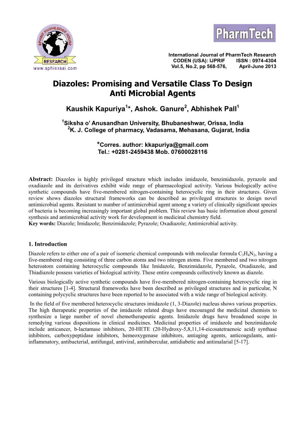 Diazoles: Promising and Versatile Class to Design Anti Microbial Agents