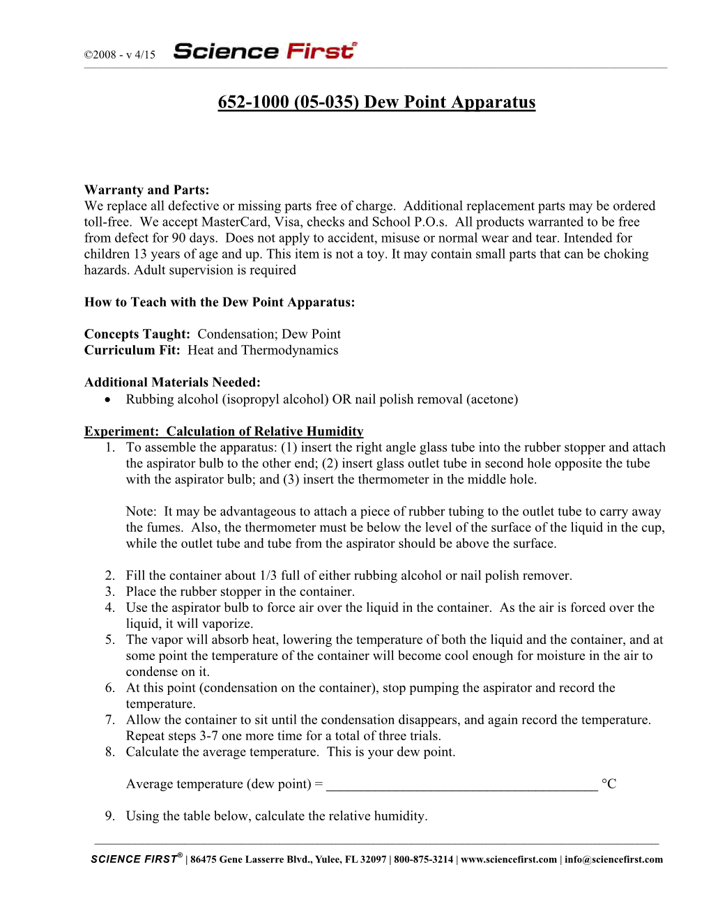 652-1000 (05-035) Dew Point Apparatus