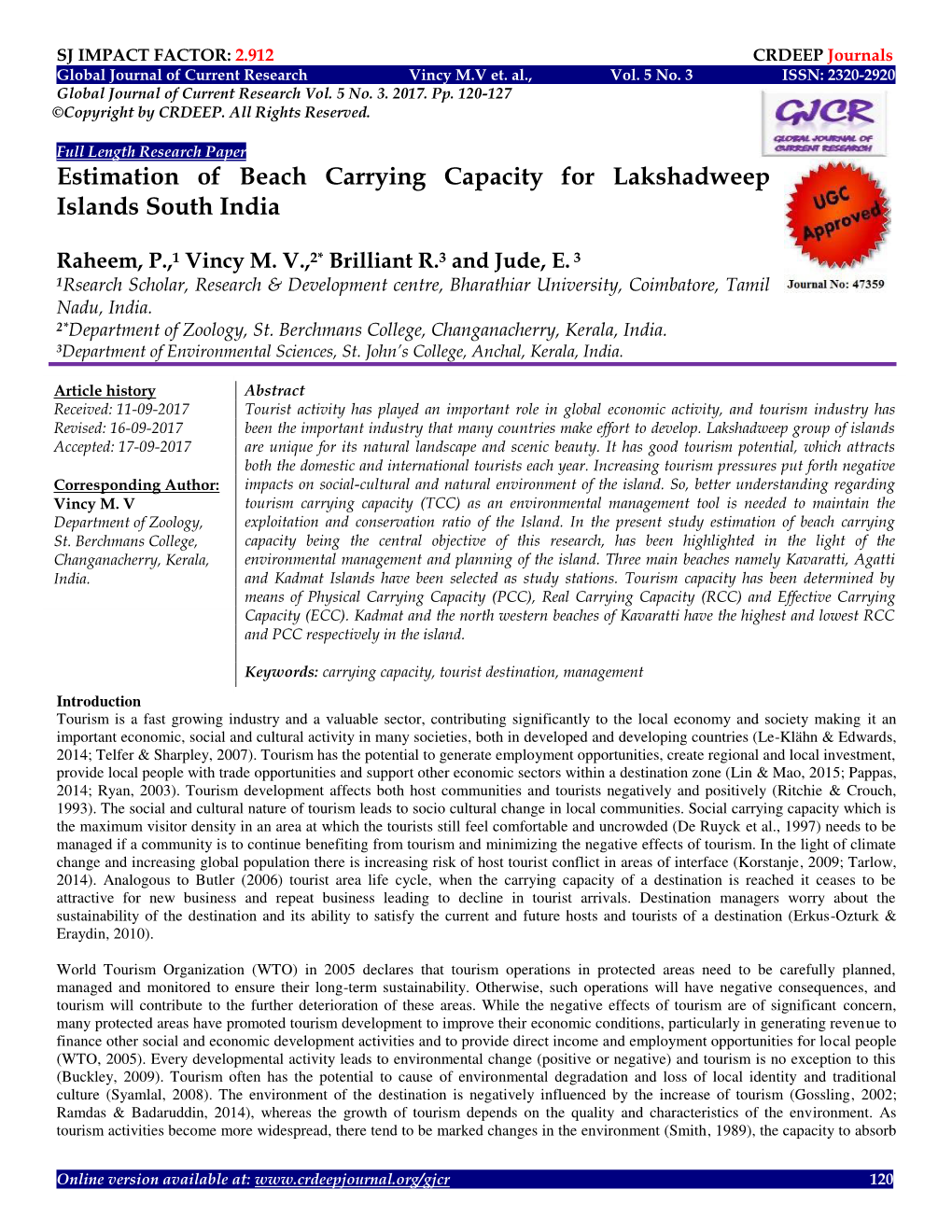 Estimation of Beach Carrying Capacity for Lakshadweep Islands South India