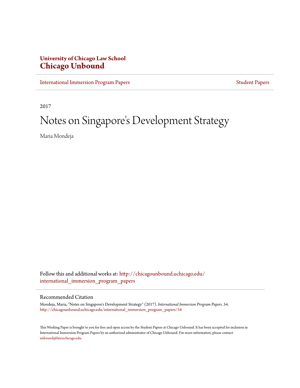 Notes on Singapore's Development Strategy Maria Mondeja