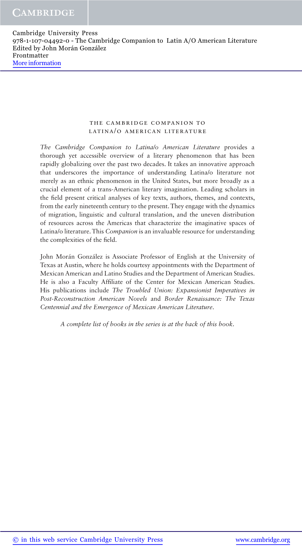 The Cambridge Companion to Latina/O American Literature