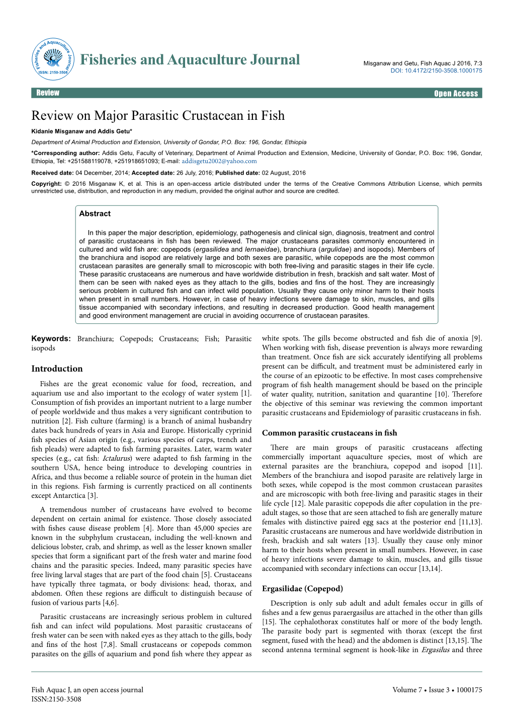 Review on Major Parasitic Crustacean in Fish Kidanie Misganaw and Addis Getu* Department of Animal Production and Extension, University of Gondar, P.O