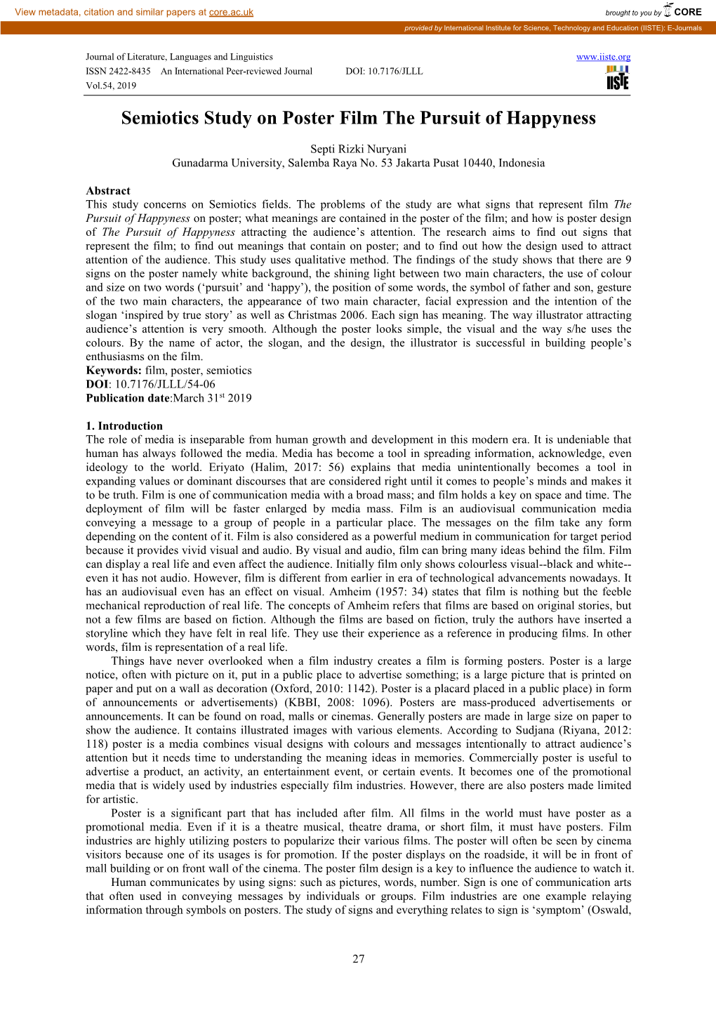 Semiotics Study on Poster Film the Pursuit of Happyness