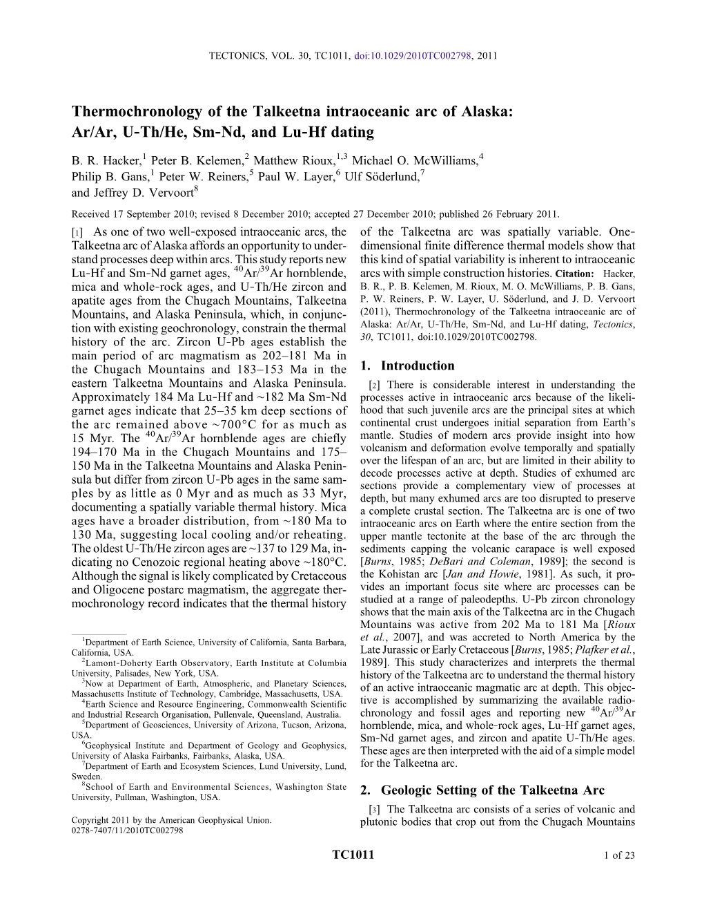 Thermochronology of the Talkeetna Intraoceanic Arc of Alaska: Ar/Ar, U‐Th/He, Sm‐Nd, and Lu‐Hf Dating