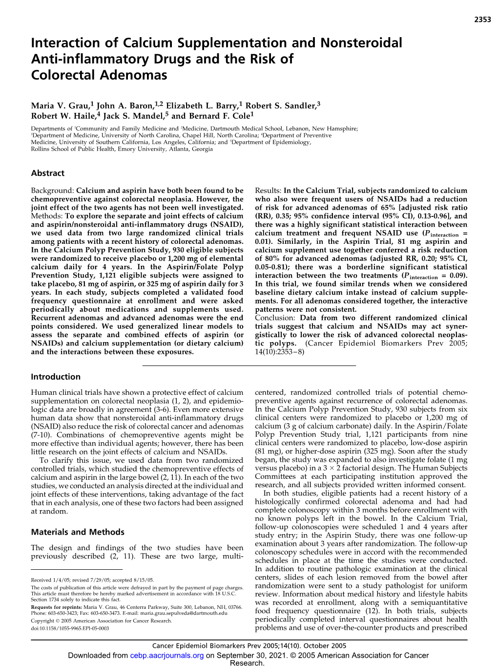 Interaction of Calcium Supplementation and Nonsteroidal Anti-Inflammatory Drugs and the Risk of Colorectal Adenomas