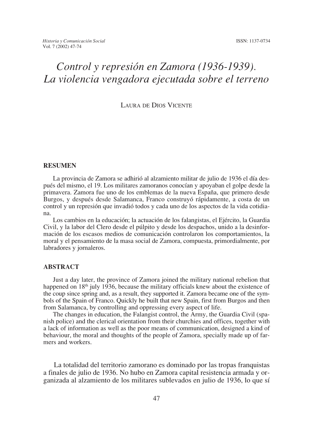 Control Y Represión En Zamora (1936-1939). La Violencia Vengadora Ejecutada Sobre El Terreno