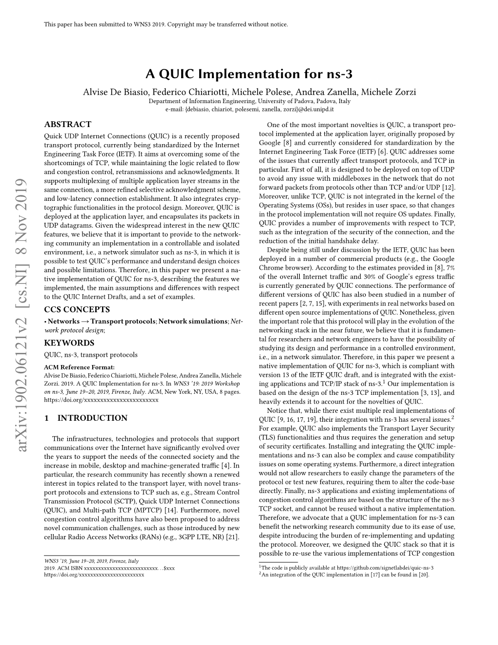 A QUIC Implementation for Ns-3