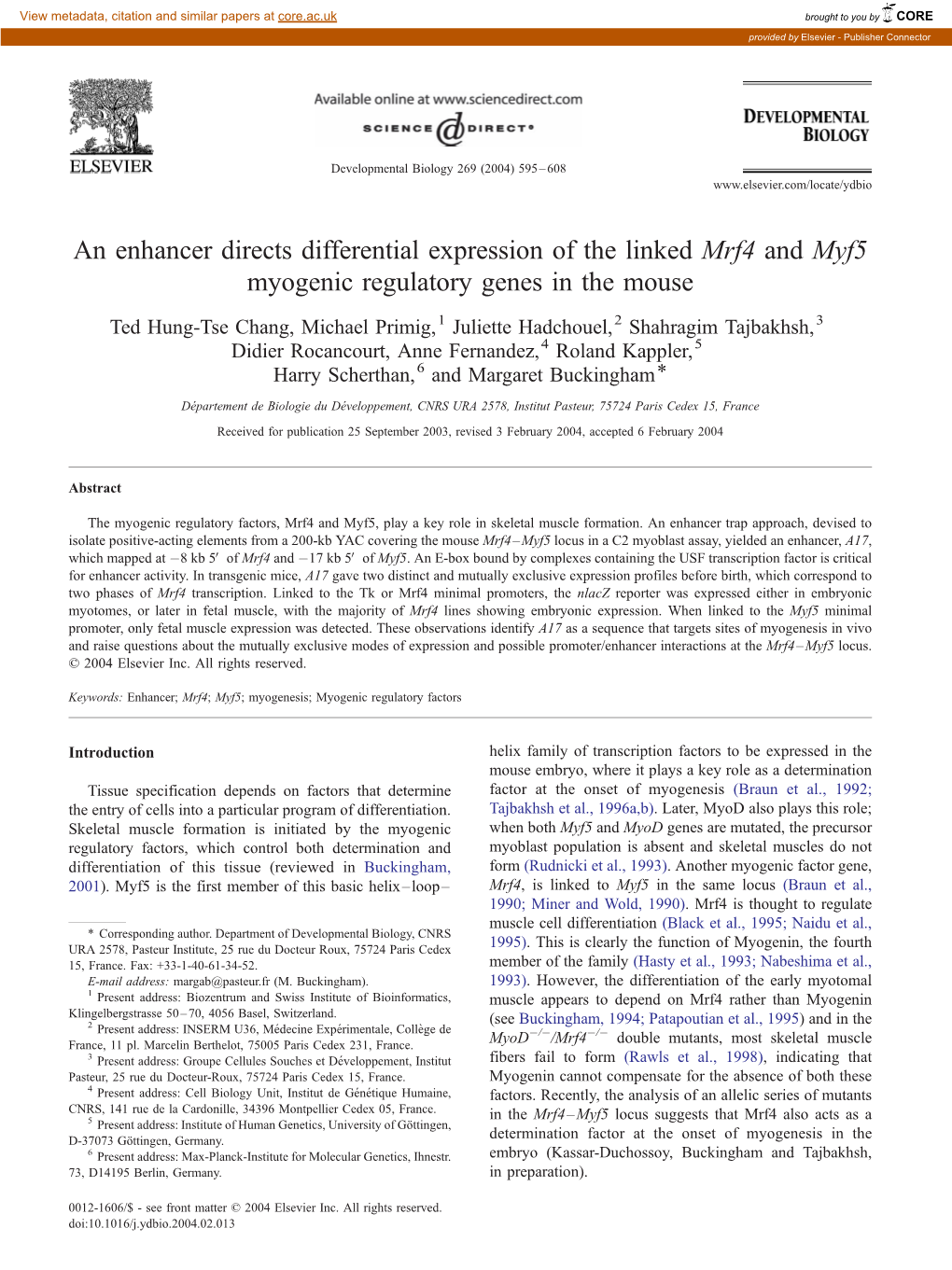 An Enhancer Directs Differential Expression of the Linked Mrf4 and Myf5 Myogenic Regulatory Genes in the Mouse