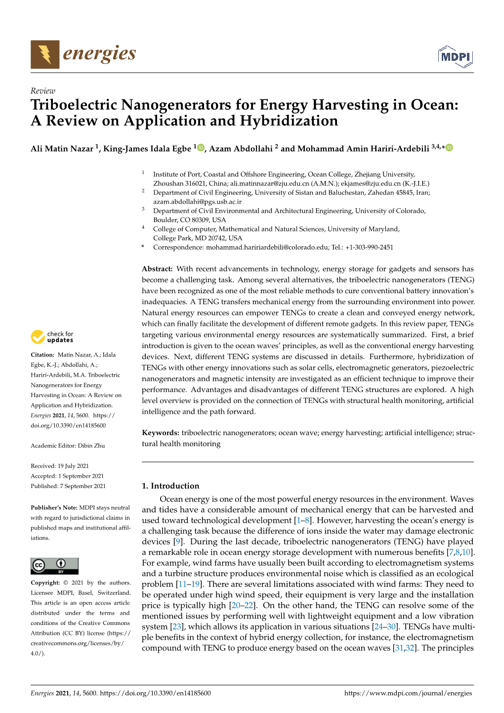 Triboelectric Nanogenerators for Energy Harvesting in Ocean: a Review on Application and Hybridization