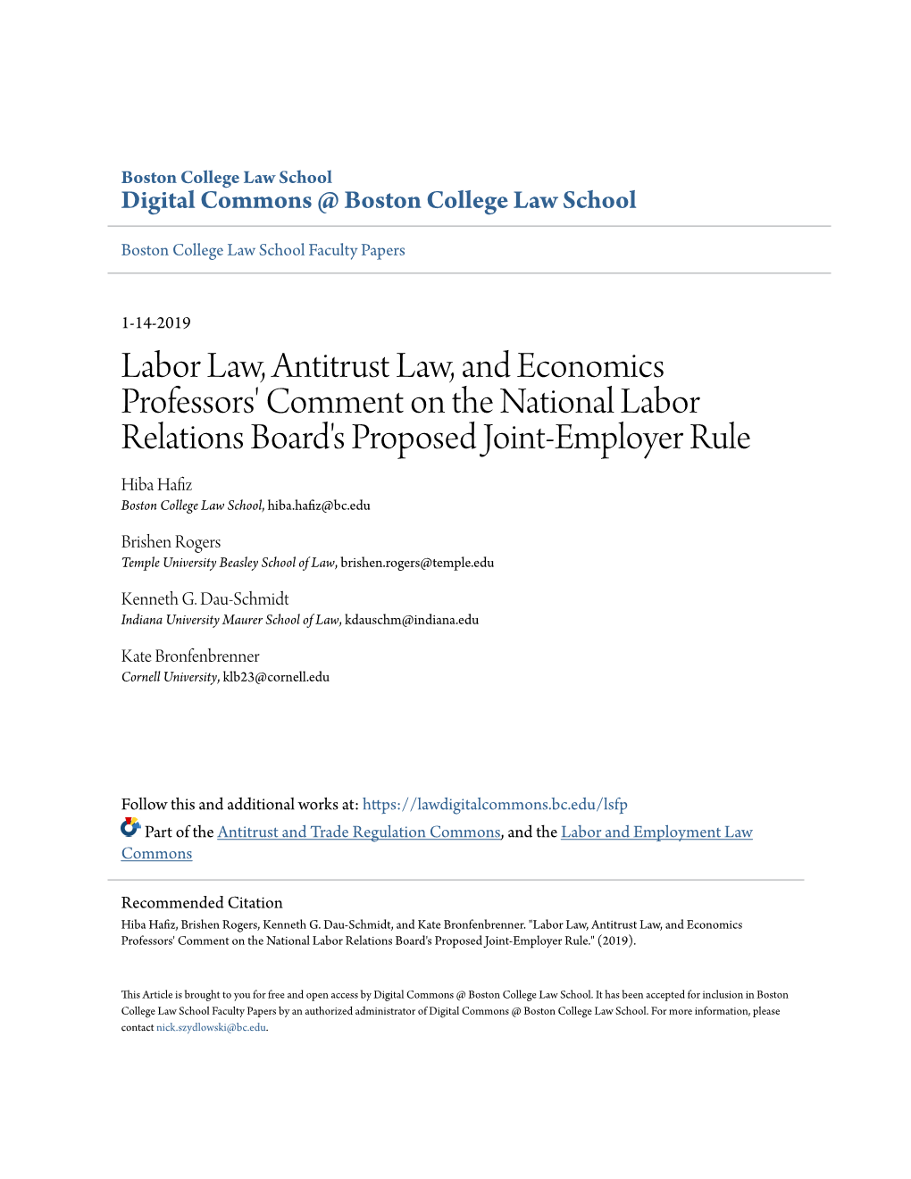 Labor Law, Antitrust Law, and Economics Professors' Comment