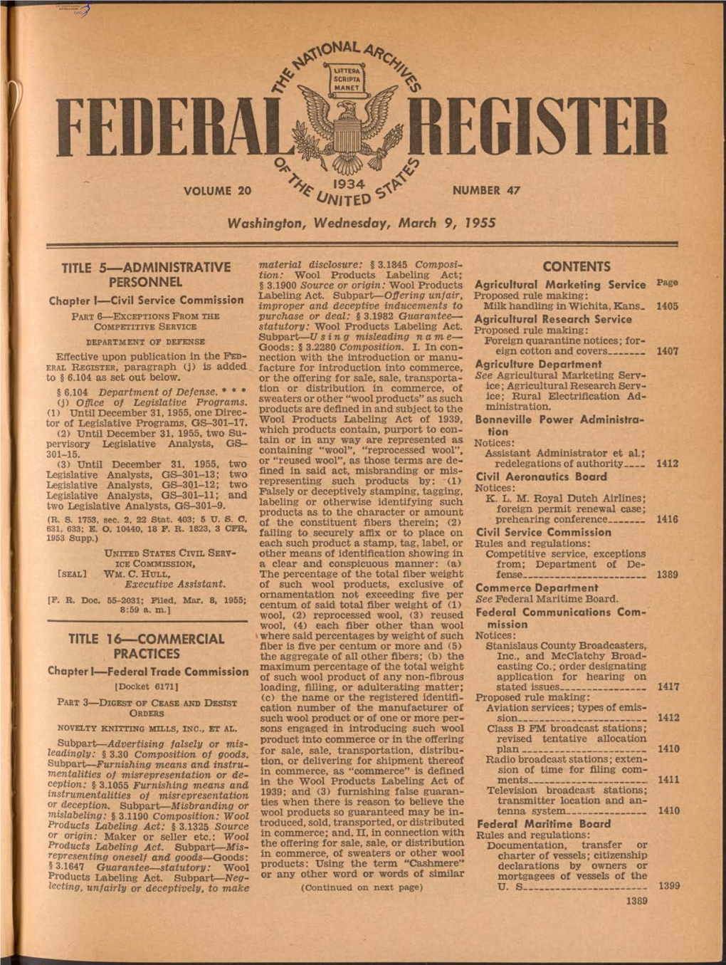 “1 EDERAL \ 1 9 3 4 ^ VOLUME 20 NUMBER 47 * Wa N T E D ^ Washington, Wednesday, March 9, 1955