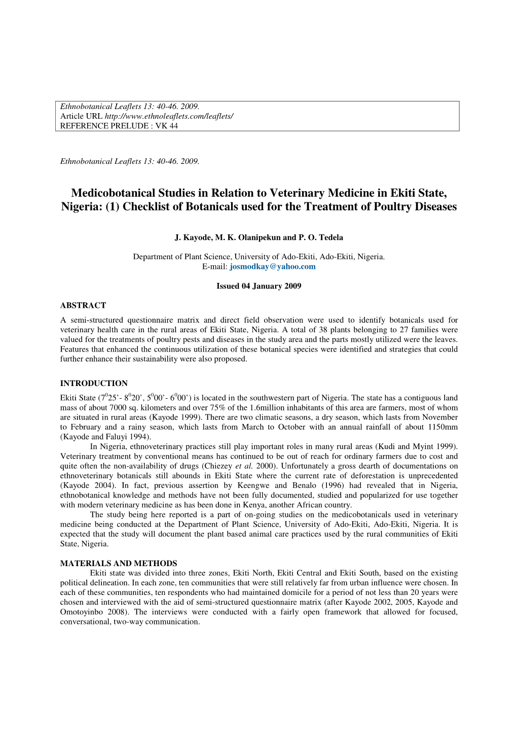 Medicobotanical Studies in Relation to Veterinary Medicine in Ekiti State, Nigeria: (1) Checklist of Botanicals Used for the Treatment of Poultry Diseases