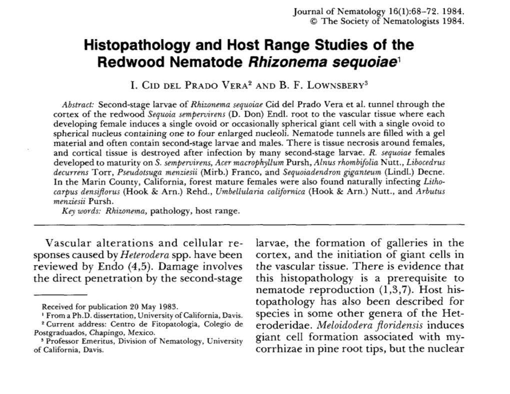 Histopathology and Host Range Studies of the Redwood Nematode Rhizonema Sequoiae 1