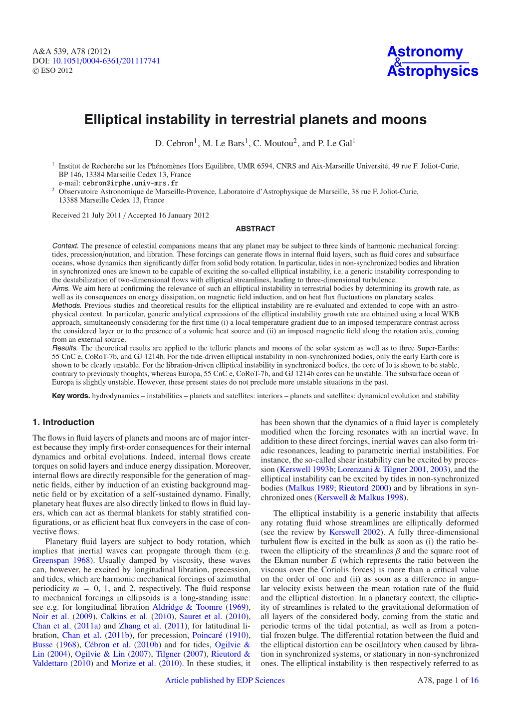 Elliptical Instability in Terrestrial Planets and Moons