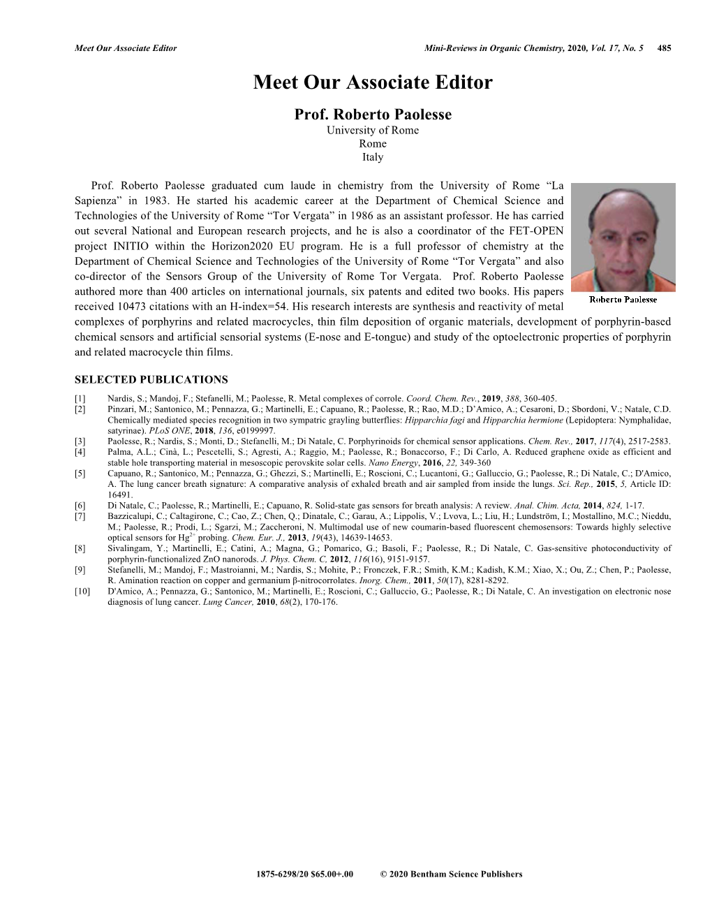 Meet Our Associate Editor Mini-Reviews in Organic Chemistry, , Vol