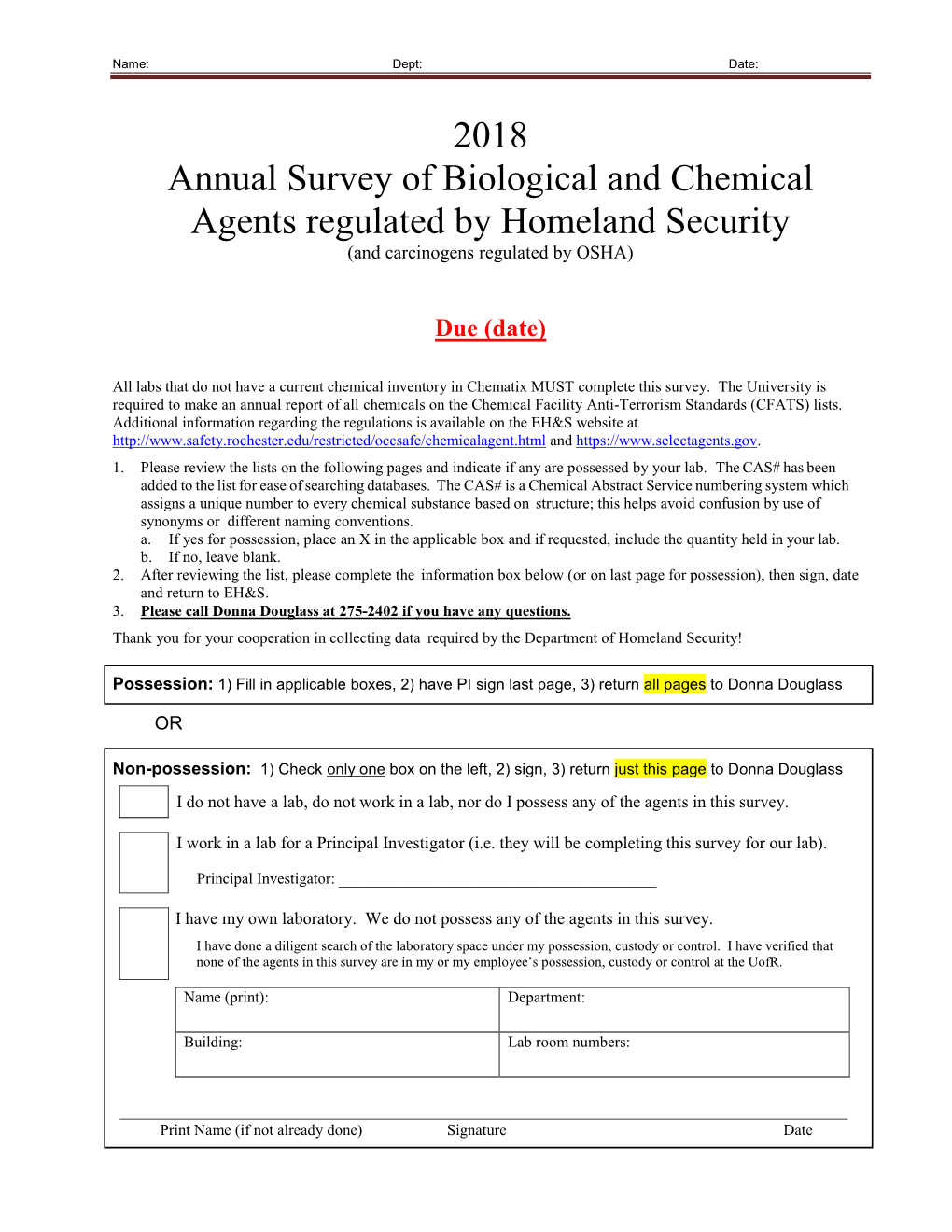 2018 Annual Survey of Biological and Chemical Agents Regulated by Homeland Security (And Carcinogens Regulated by OSHA)