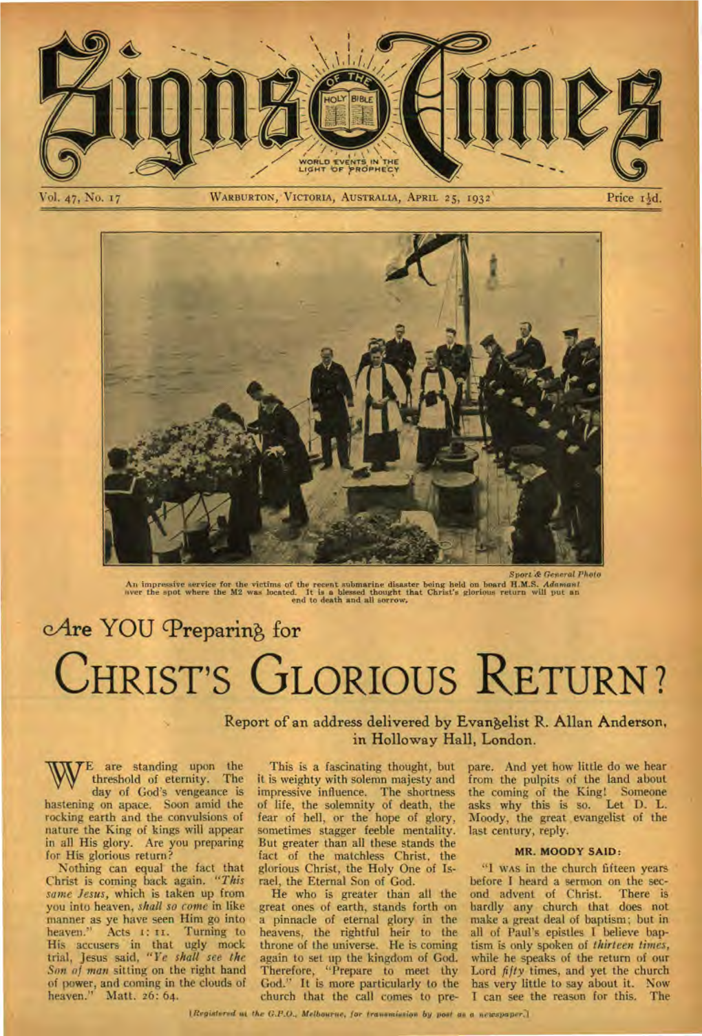 CHRIST's GLORIOUS RETURN? Report of an Address Delivered by Evangelist R