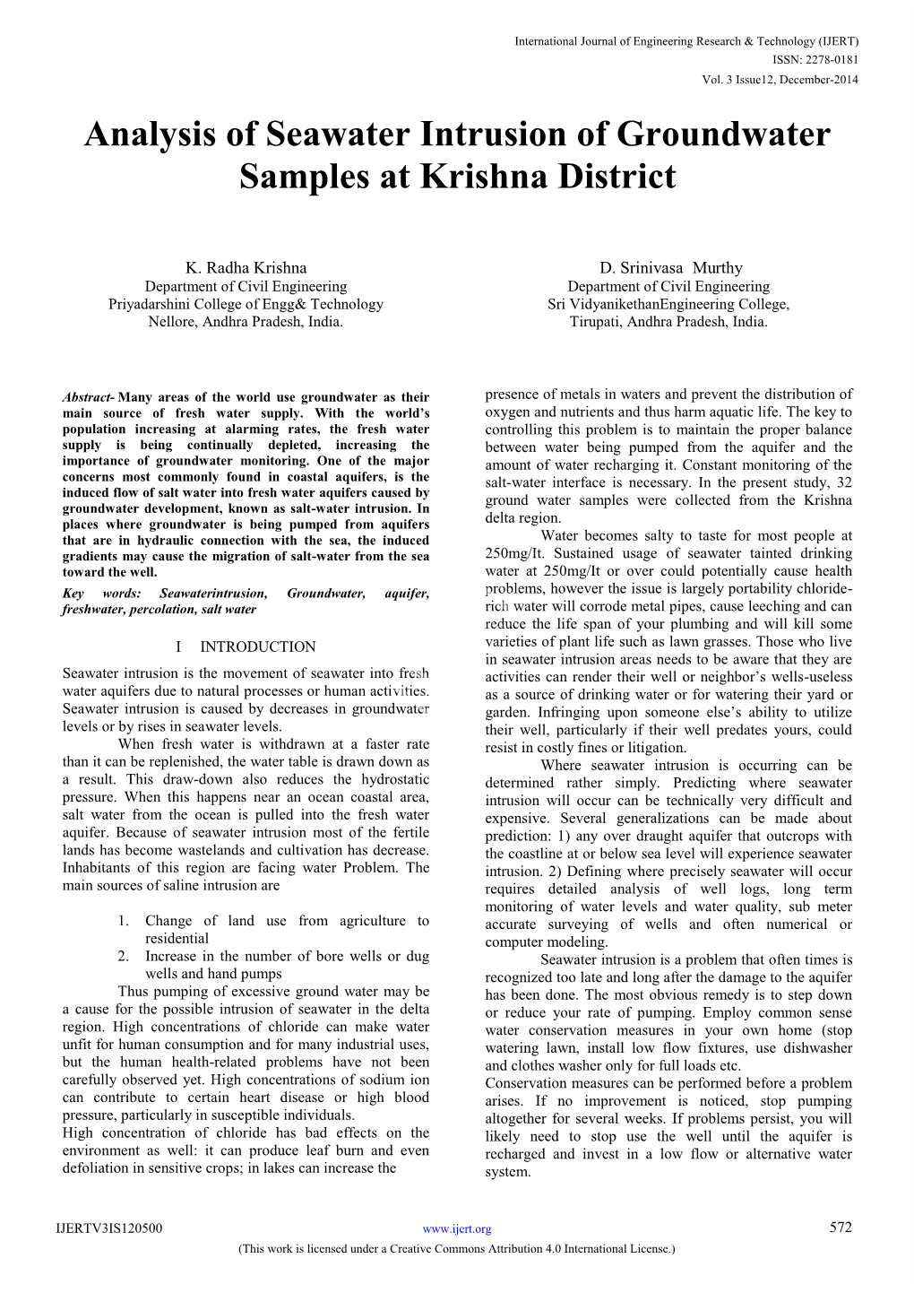 Analysis of Seawater Intrusion of Groundwater Samples at Krishna District