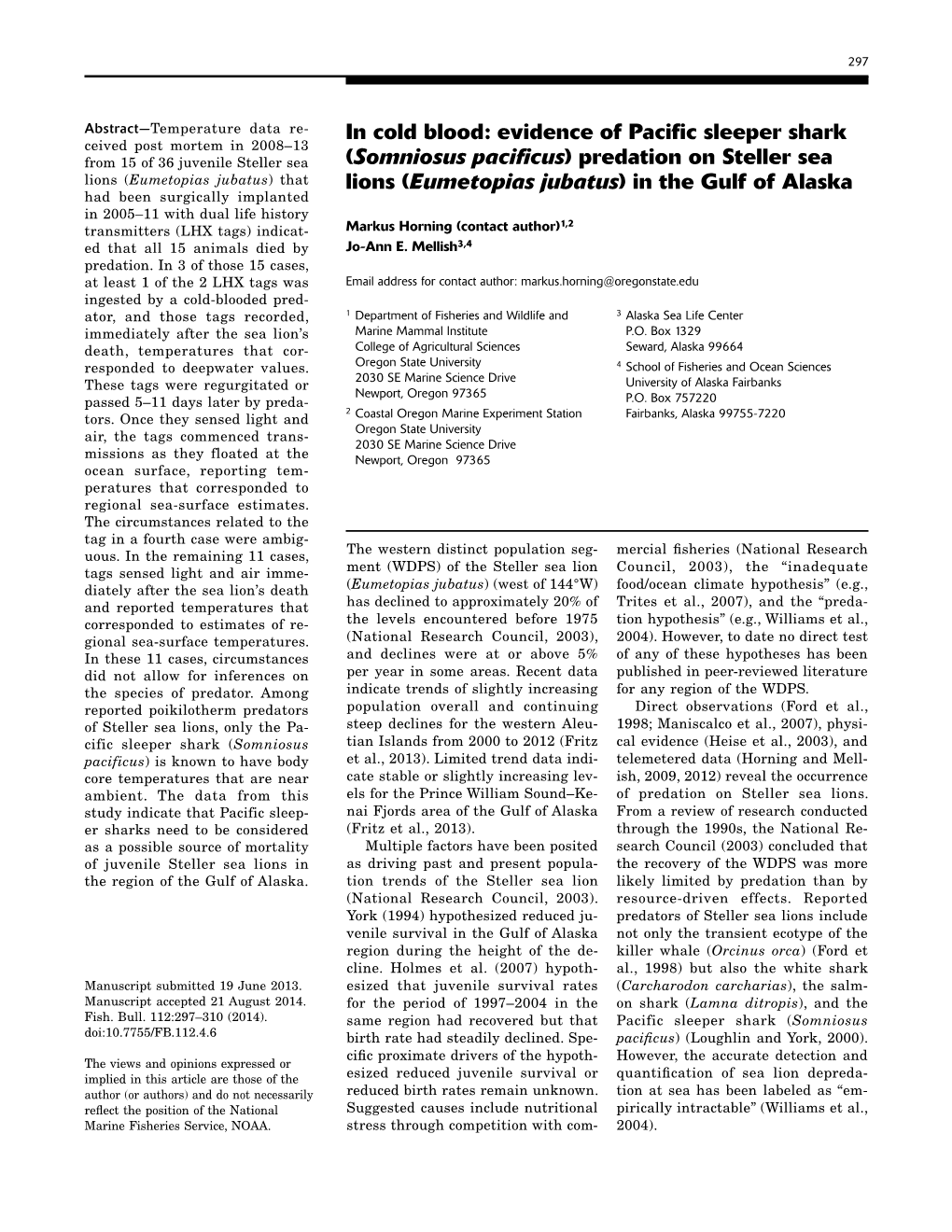 (Somniosus Pacificus) Predation on Steller Sea Lions (Eumetopias