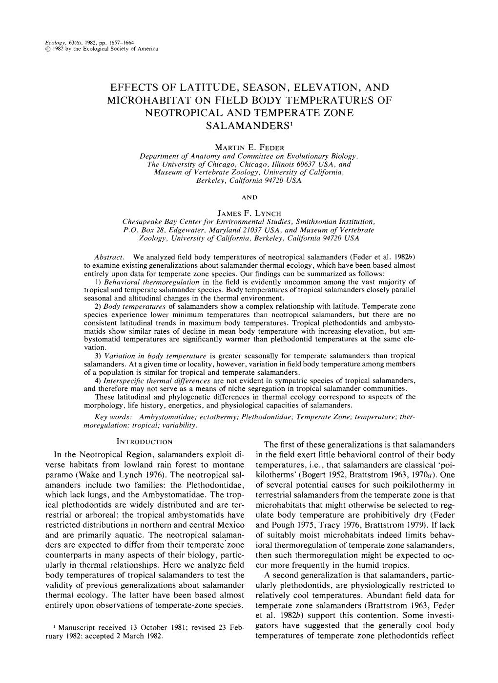 EFFECTS of LATITUDE, SEASON, ELEVATION, and MICROHABITAT on FIELD BODY TEMPERATURES of NEOTROPICAL and TEMPERATE ZONE Salamandersl