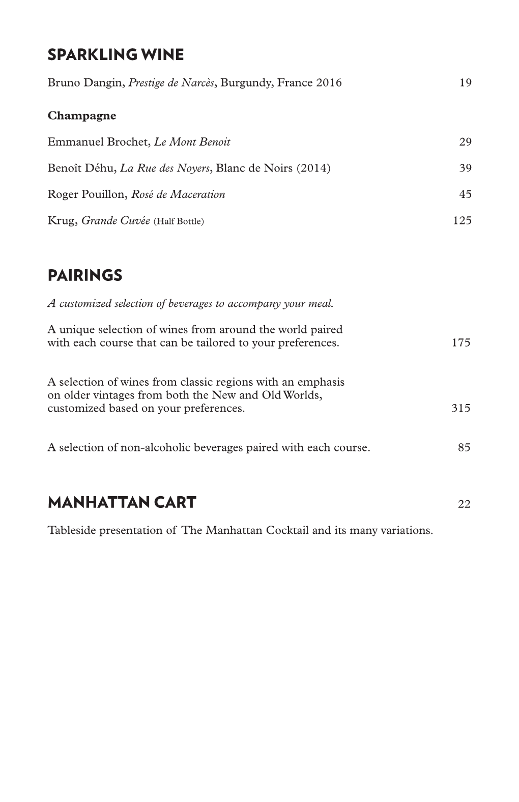 Sparkling Wine Pairings Manhattan Cart