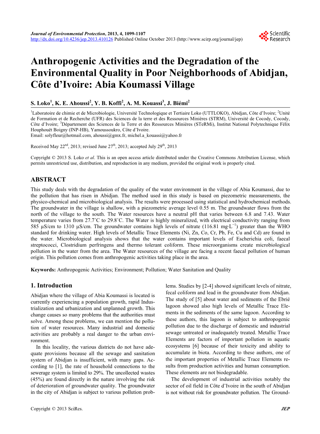 Anthropogenic Activities and the Degradation of the Environmental Quality in Poor Neighborhoods of Abidjan, Côte D’Ivoire: Abia Koumassi Village